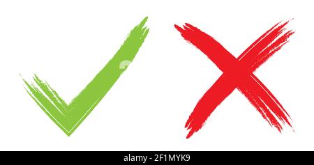 Check and cross marks. Green check mark and red cross, yes or no icon. Vector illustration isolated on white background. Stock Vector