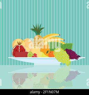 Flat natural food concept with healthy ripe fruits on plate and reflection on striped background vector illustration Stock Vector