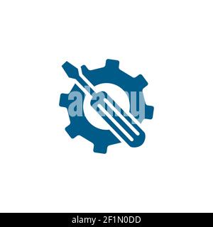 Service Tools Blue Icon On White Background. Blue Gear Wheel & Hammer Flat Style Vector Illustration. Stock Vector