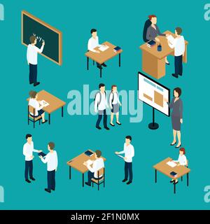 Isometric set of teachers and students with boards and furniture on green background  isolated vector illustration Stock Vector