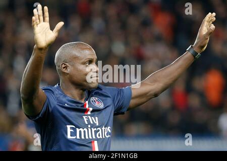 Carl Lewis kick the ball to give the start during the French L1 football between Paris Saint-Germain (PSG) and AS Monaco on October 5, 2014 at the Parc des Princes in Paris - Photo Stephane Allaman / DPPI Stock Photo