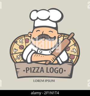 Pizza logo. Hand drawn vector illustration of chef-cooker with a mustache and pizzas. Italian chef logo. Stock Vector