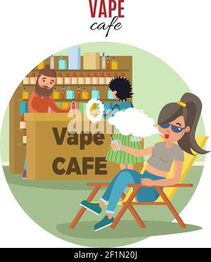 People in vape cafe template with different accessories for using and hipster girl smoking electronic cigarette vector illustration Stock Vector