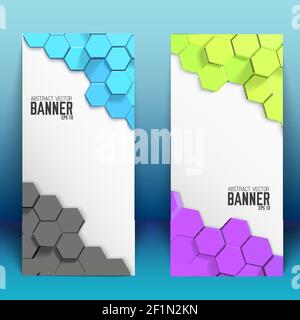 Abstract vertical banners with decorations from colorful hexagons in corners on blue 3d background isolated vector illustration Stock Vector