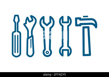 Wrench Spanner Screwdriver And Hammer Line Blue Icon On White Background. Blue Flat Style Vector Illustration. Stock Vector