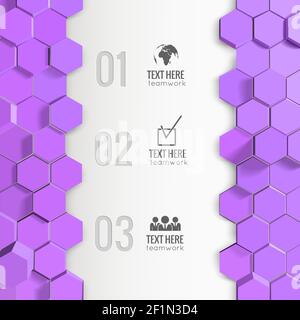 Infographics with monochrome business icons and numbers vertical compositions from lilac hexagons on white background vector illustration Stock Vector