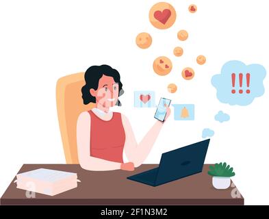 Female employee procrastinating on social media flat color vector detailed character Stock Vector