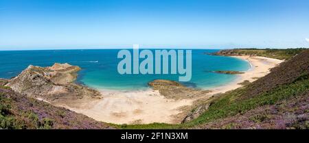 An idyllic wild secluded beach with turquoise water and lilac heath meadows Stock Photo