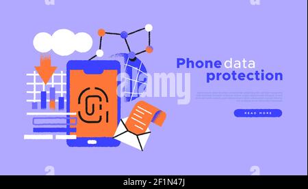 Phone data protection web template illustration of smart phone web business icons. Smartphone information security concept in trendy hand drawn cartoo Stock Vector