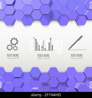 Infographics with monochrome business icons and decorations from blue 3d hexagons on white background vector illustration Stock Vector