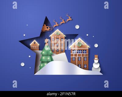 Merry Christmas illustration of papercut winter landscape inside star cutout. 3D paper craft santa claus deer sled, pine tree, snowman and house villa Stock Vector