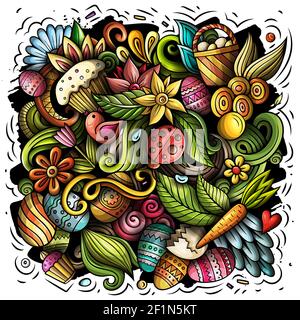 Happy Easter vector doodles illustration. Holiday elements and objects cartoon background. Color funny picture. All items are separated Stock Vector