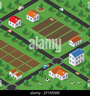 Isometric farm with houses, streets, and buildings Stock Vector