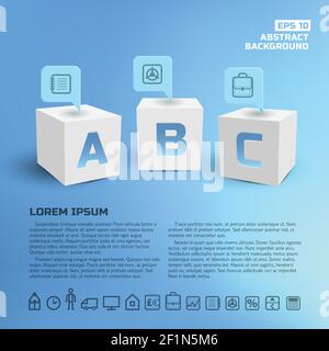 Business pointers at 3d white cubes and set of monochrome icons on blue background vector illustration Stock Vector
