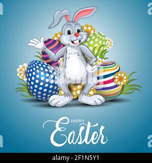 happy easter greetings. funny rabbit with colorful easter eggs. vector illustration design Stock Vector
