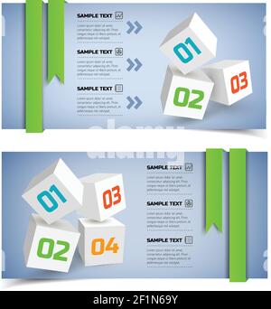 Abstract business infographic horizontal banners with white 3d cubes text icons options and ribbons vector illustration Stock Vector