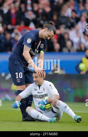 Zlatan Ibrahimovic (psg), Rudy RIOU (RC Lens) during the French Championship Ligue 1 football match between Paris Saint Germain and RC Lens on March 7, 2015 at Parc des Princes stadium in Paris, France. Photo Stephane Allaman / DPPI Stock Photo