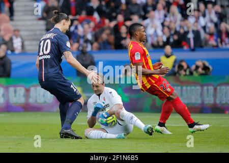 Zlatan Ibrahimovic (psg), Rudy RIOU (RC Lens) during the French Championship Ligue 1 football match between Paris Saint Germain and RC Lens on March 7, 2015 at Parc des Princes stadium in Paris, France. Photo Stephane Allaman / DPPI Stock Photo