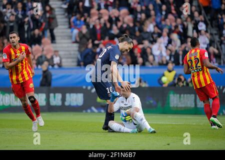 Zlatan Ibrahimovic (psg), Rudy RIOU (RC Lens) during the French Championship Ligue 1 football match between Paris Saint Germain and RC Lens on March 7, 2015 at Parc des Princes stadium in Paris, France. Photo Stephane Allaman / DPPI Stock Photo