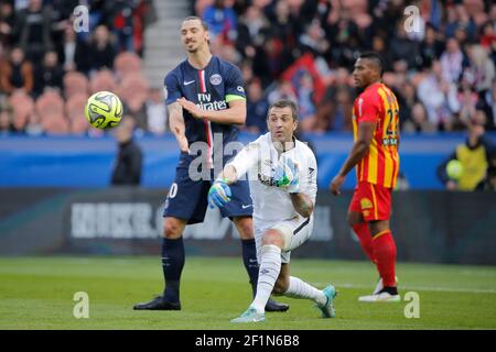 Zlatan Ibrahimovic (psg), Rudy RIOU (RC Lens) during the French Championship Ligue 1 football match between Paris Saint Germain and RC Lens on March 7, 2015 at Parc des Princes stadium in Paris, France. Photo Stephane Allaman / DPPI Stock Photo