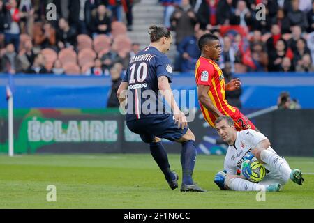 Zlatan Ibrahimovic (psg), Rudy RIOU (RC Lens) during the French Championship Ligue 1 football match between Paris Saint Germain and RC Lens on March 7, 2015 at Parc des Princes stadium in Paris, France. Photo Stephane Allaman / DPPI Stock Photo