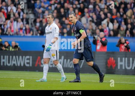 Zlatan Ibrahimovic (psg), Rudy RIOU (RC Lens) during the French Championship Ligue 1 football match between Paris Saint Germain and RC Lens on March 7, 2015 at Parc des Princes stadium in Paris, France. Photo Stephane Allaman / DPPI Stock Photo