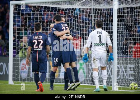 Javier Matias Pastore (psg) scored a goal and celebrated it with Zlatan Ibrahimovic (psg), Rudy RIOU (RC Lens) during the French Championship Ligue 1 football match between Paris Saint Germain and RC Lens on March 7, 2015 at Parc des Princes stadium in Paris, France. Photo Stephane Allaman / DPPI Stock Photo