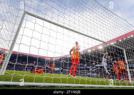 Zlatan Ibrahimovic (psg), Rudy RIOU (RC Lens) during the French Championship Ligue 1 football match between Paris Saint Germain and RC Lens on March 7, 2015 at Parc des Princes stadium in Paris, France. Photo Stephane Allaman / DPPI Stock Photo