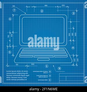 Image of a personal computer on a blueprint drawing Stock Vector