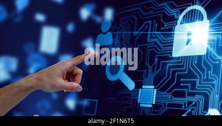 Human hand touching invisible screen against digital icons and microprocessor connections Stock Photo