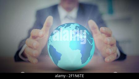Digital composite image of mid section of businessman holding globe Stock Photo
