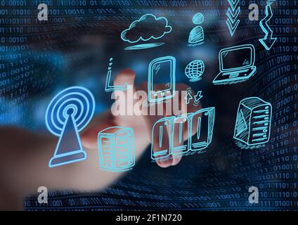 Digital icons against hand touching futuristic screen against binary coding data processing Stock Photo