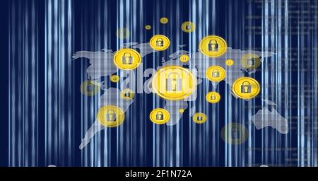 Multiple security padlock icons over world map against blue background Stock Photo