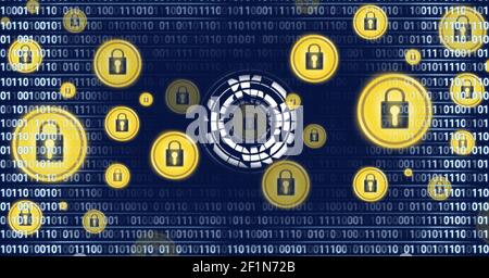 Multiple security padlock icons against binary coding data processing on blue background Stock Photo