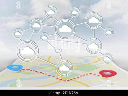 Network of cloud icons over map against clouds in blue sky Stock Photo