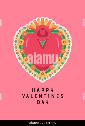 Happy valentine's day text with heart and flowers on pink background Stock Photo