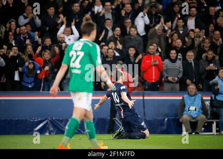 Zlatan Ibrahimovic (psg) celebrated it goal scored during the French Cup football match between Paris Saint Germain and AS Saint Etienne on April 8, 2015 at the Parc des Princes stadium in Paris, France. Photo Stephane Allaman / DPPI Stock Photo