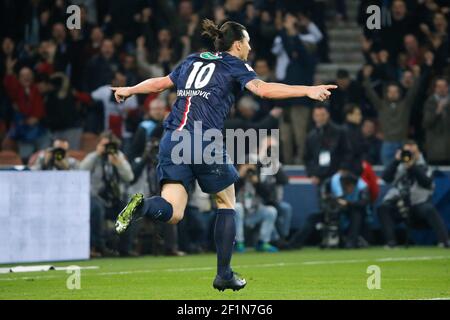 Zlatan Ibrahimovic (psg) celebrated it goal scored during the French Cup football match between Paris Saint Germain and AS Saint Etienne on April 8, 2015 at the Parc des Princes stadium in Paris, France. Photo Stephane Allaman / DPPI Stock Photo