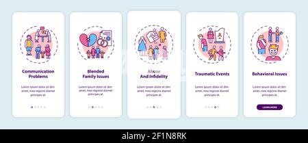 Online family therapy types onboarding mobile app page screen with concepts Stock Vector