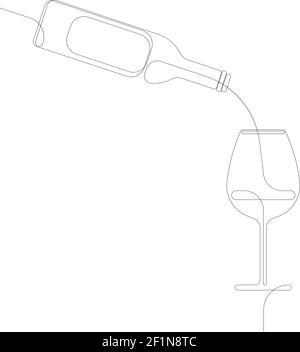 Continuous one line drawing of a wine bottle pouring wine into a glass. Wineglass contour vector illustration. EPS icon Stock Vector