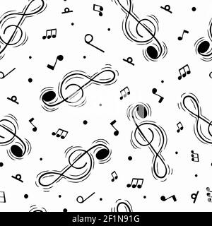 Hand drawn music note seamless pattern, black and white cartoon background for musical theory, classical or sound education concept. Stock Vector