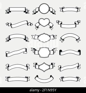 Set of blank monochrome ribbon banners with contour of labels of various shape isolated vector illustration Stock Vector