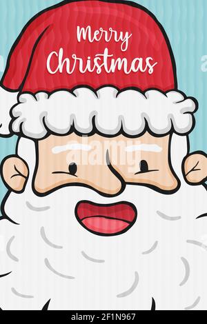 Merry Christmas greeting card illustration of funny santa claus character cartoon. Holiday season celebration design in hand drawn style. Stock Vector