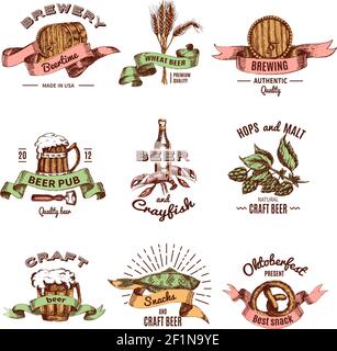 Beer colored hand drawn emblems with letterings and ribbons drink in mugs snacks barrels Stock Vector