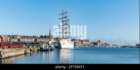 View of the Sea Cloud II luxury cruise ship in the port of Saint-Malo on the coast of Brittany Stock Photo