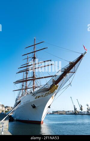 View of the Sea Cloud II luxury cruise ship in the port of Saint-Malo on the coast of Brittany Stock Photo