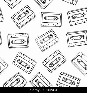 Hand drawn cassette seamless pattern, black and white cartoon background for music technology or audio equipment concept. Stock Vector