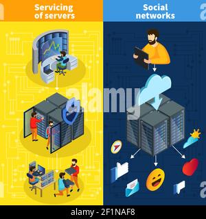 Isometric data center vertical banners with servers repairing service adjustment support and social network information cloud storage vector illustrat Stock Vector