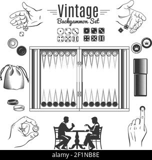 Backgammon vintage style elements set with chips and dice in male hands game board isolated vector illustration Stock Vector