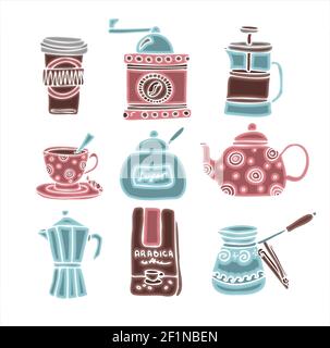 Big set of hand drawn coffee doodles. A set of isolated vector drawings for tea drinking and making all kinds of coffee. A set of isolated vector Stock Vector